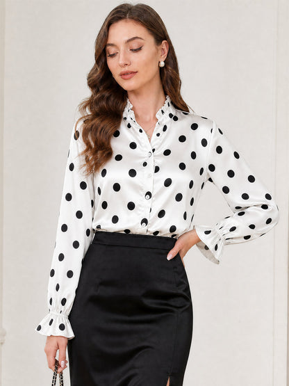 Polka Dots Ruffled Satin Long Sleeves Blouse
