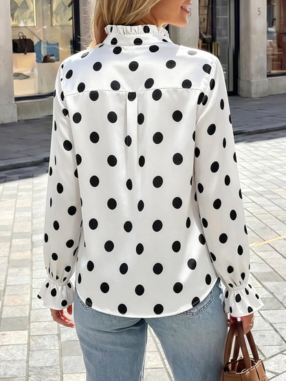 Polka Dots Ruffled Satin Long Sleeves Blouse