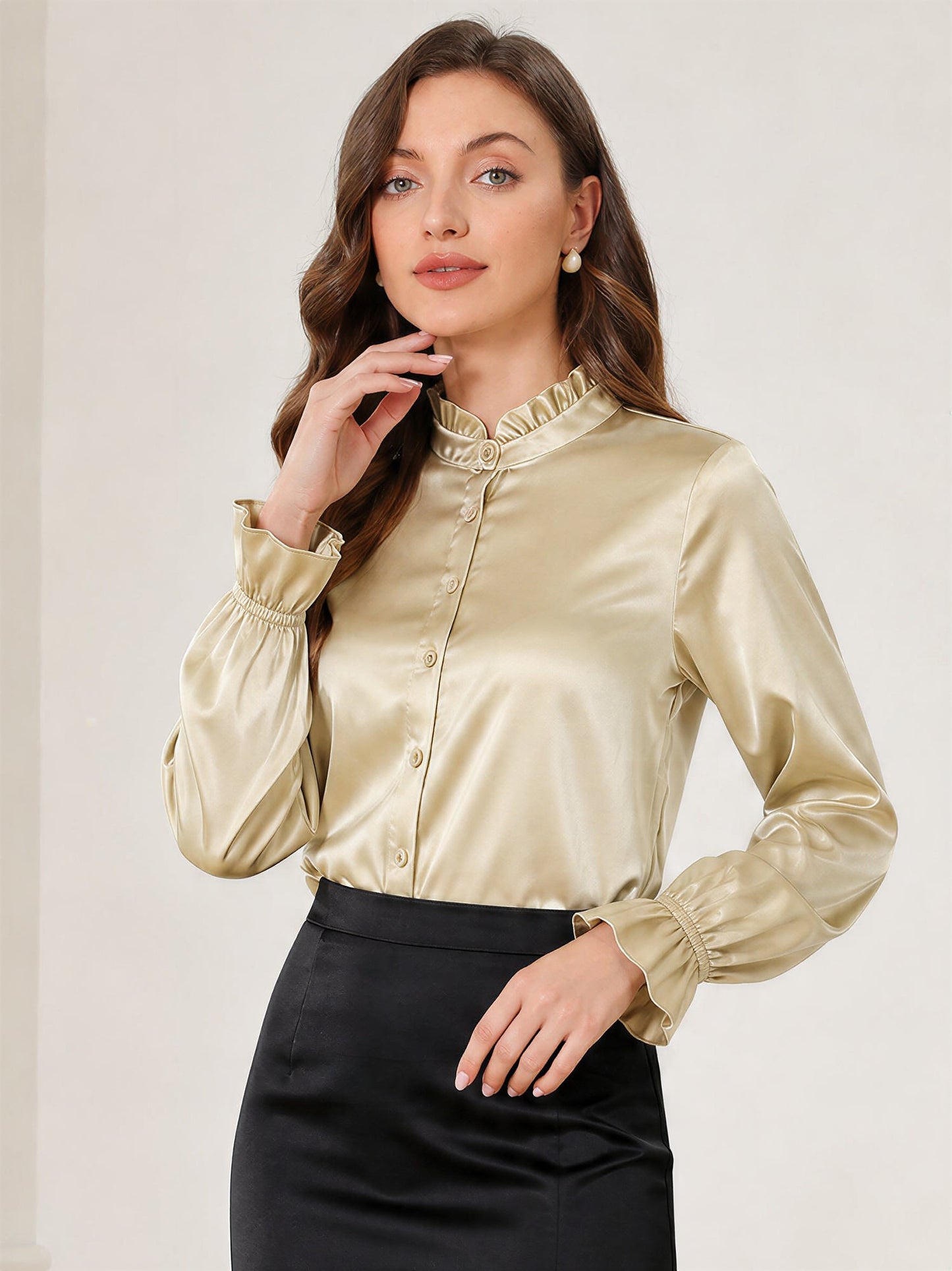 Office Work Satin Ruffled Long Sleeves Blouse