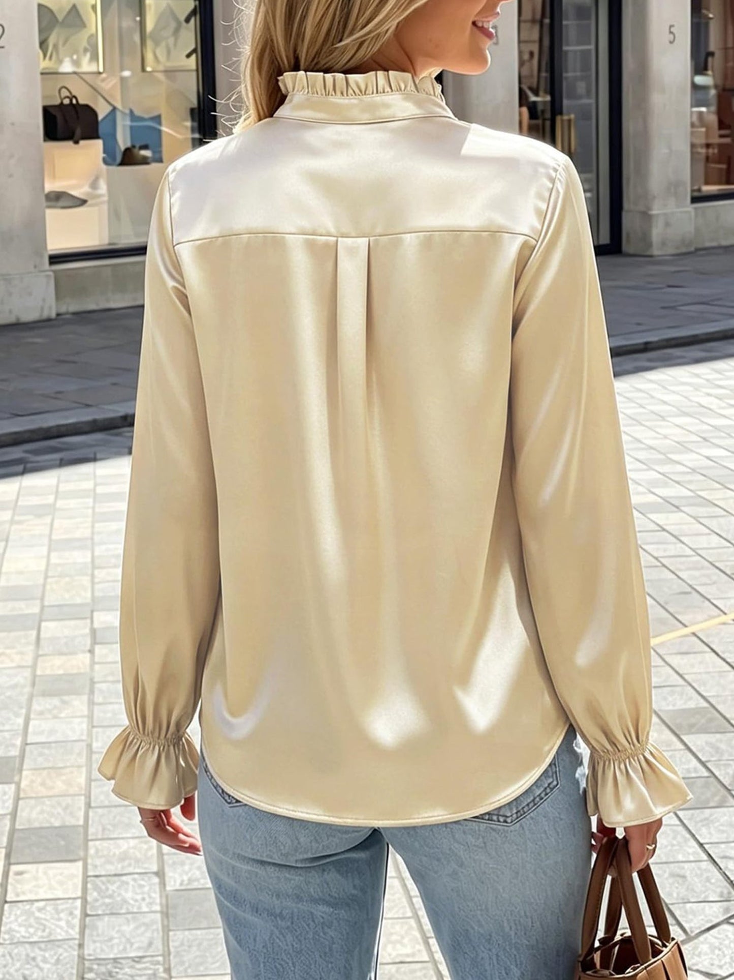 Office Work Satin Ruffled Long Sleeves Blouse