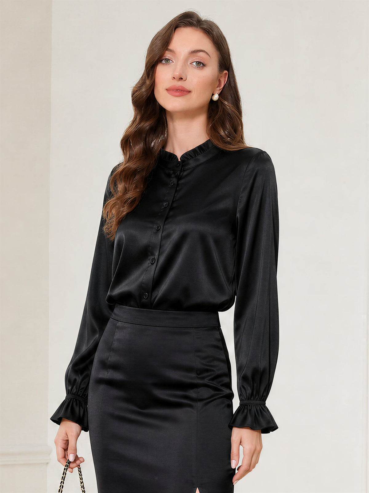 Office Work Satin Ruffled Long Sleeves Blouse