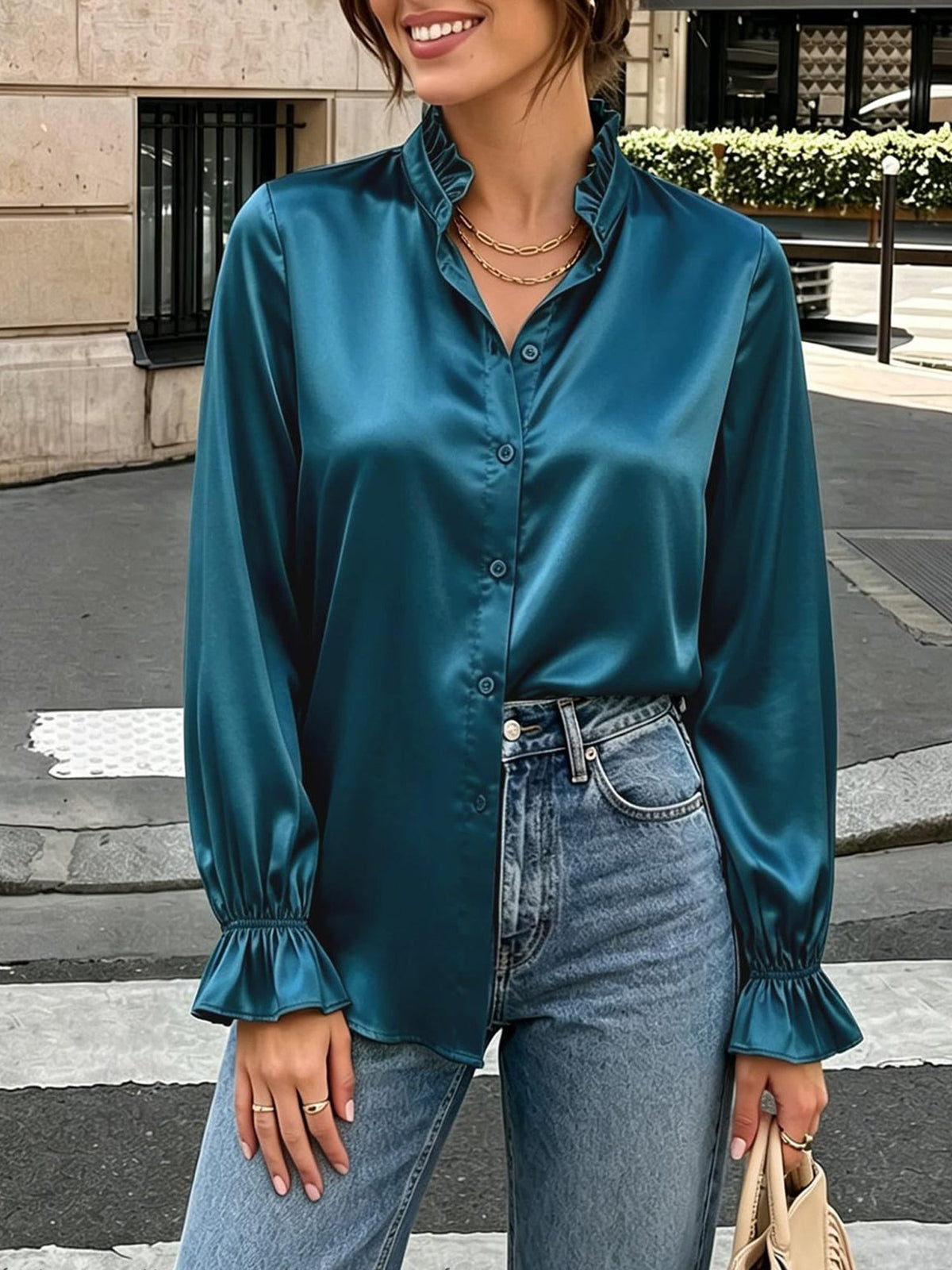 Office Work Satin Ruffled Long Sleeves Blouse
