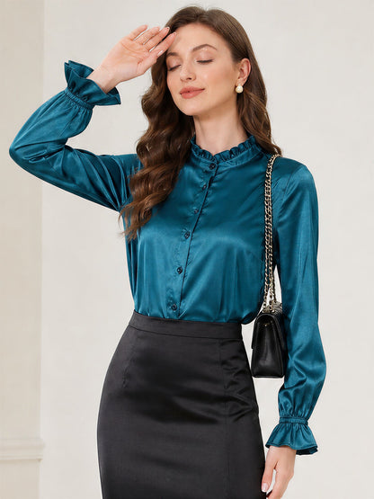 Office Work Satin Ruffled Long Sleeves Blouse