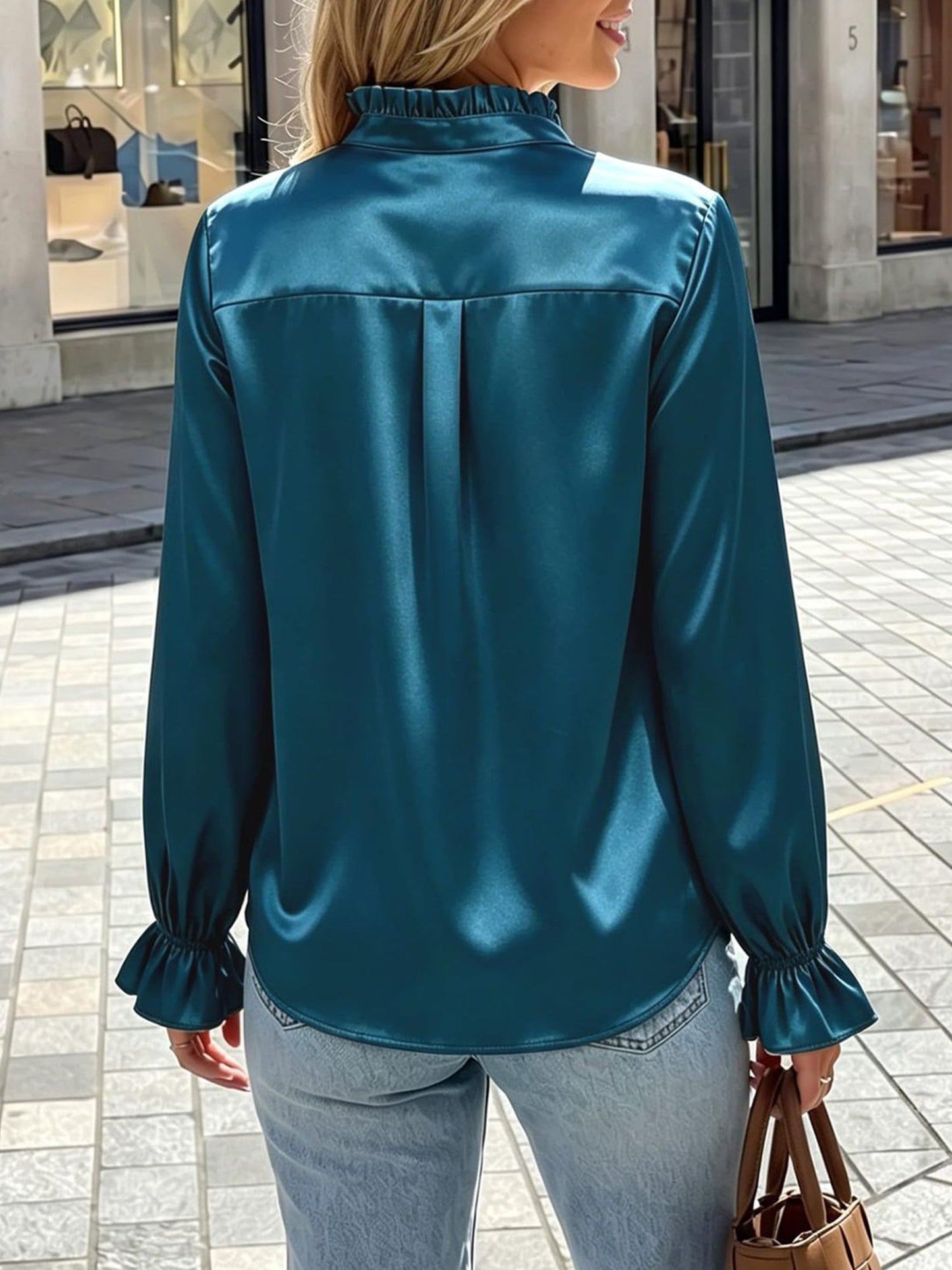 Office Work Satin Ruffled Long Sleeves Blouse