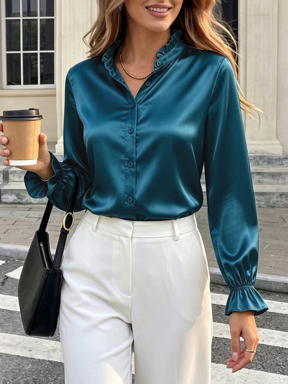 Office Work Satin Ruffled Long Sleeves Blouse