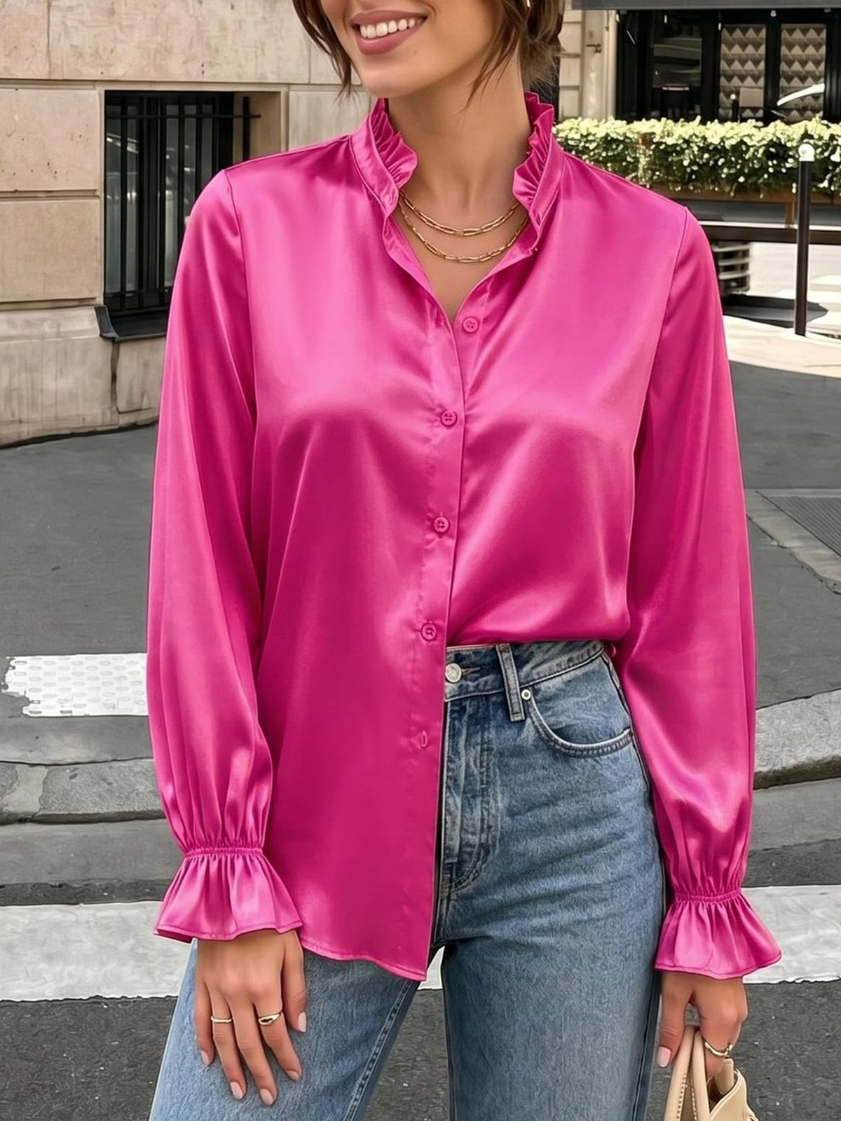 Office Work Satin Ruffled Long Sleeves Blouse