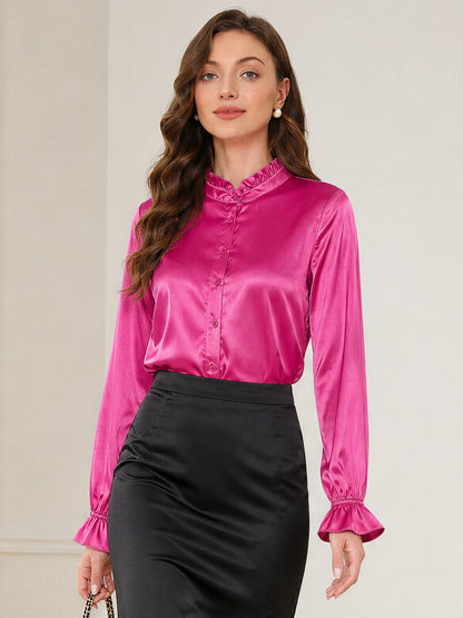 Office Work Satin Ruffled Long Sleeves Blouse