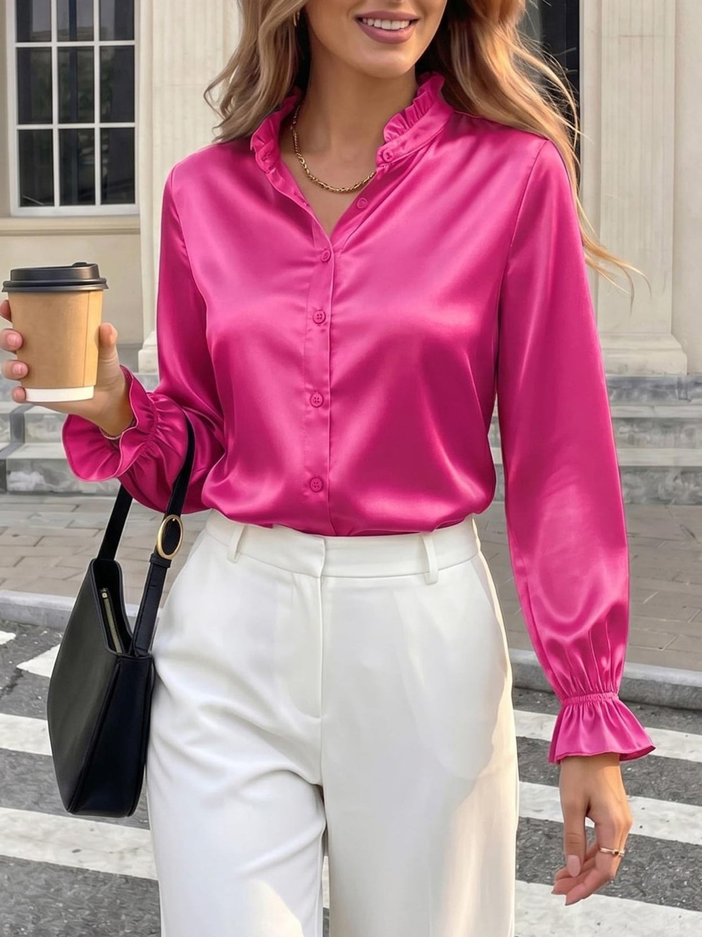 Office Work Satin Ruffled Long Sleeves Blouse