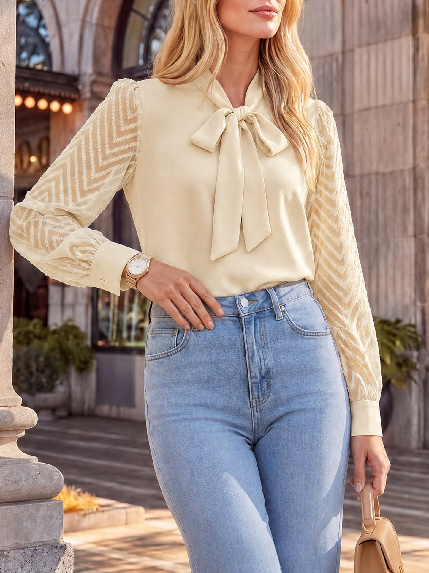 Bow Tie Neck Sheer Long Sleeves Office Blouse