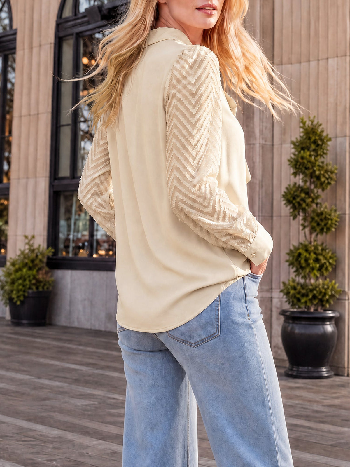 Bow Tie Neck Sheer Long Sleeves Office Blouse