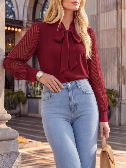 Bow Tie Neck Sheer Long Sleeves Office Blouse