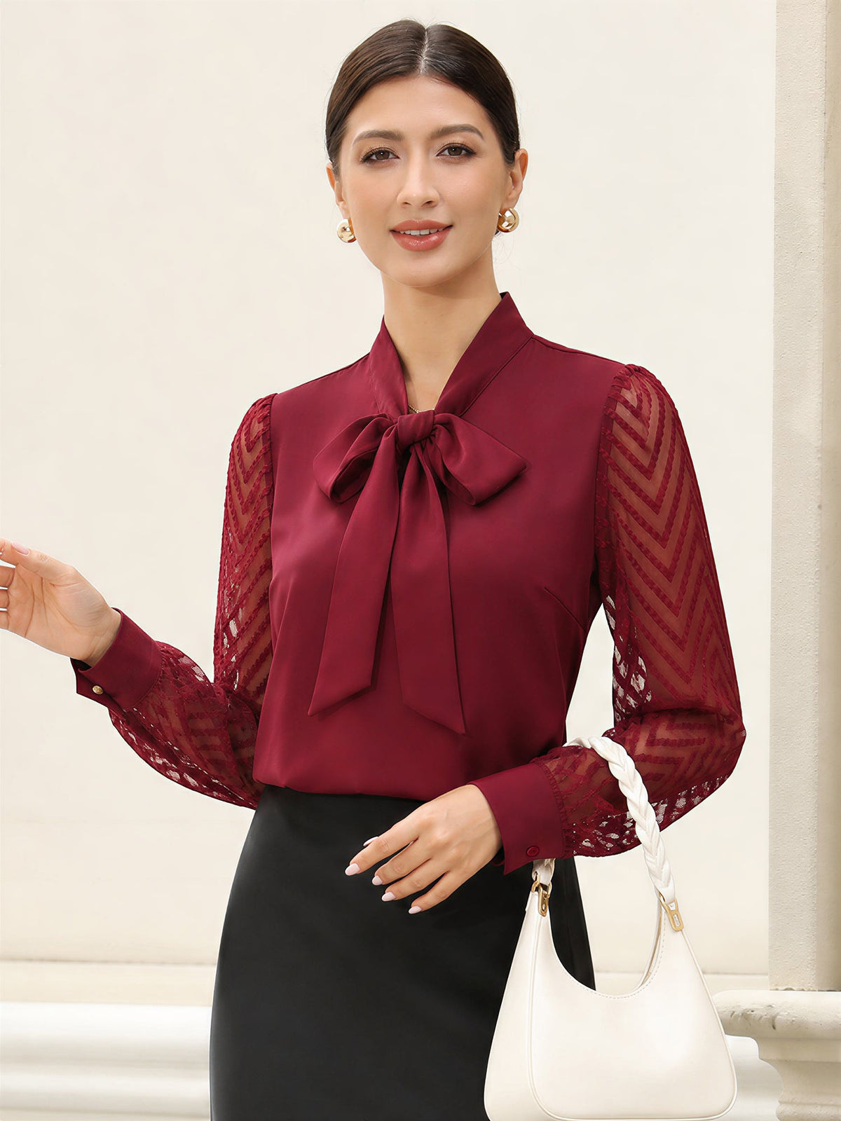 Bow Tie Neck Sheer Long Sleeves Office Blouse