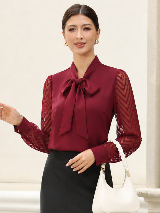 Bow Tie Neck Sheer Long Sleeves Office Blouse