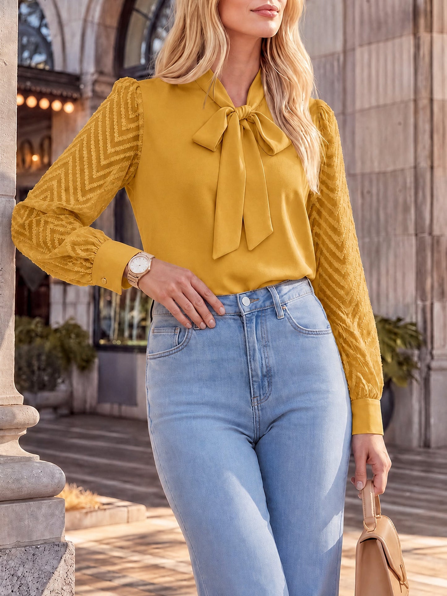 Bow Tie Neck Sheer Long Sleeves Office Blouse