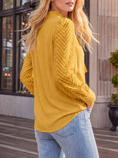 Bow Tie Neck Sheer Long Sleeves Office Blouse