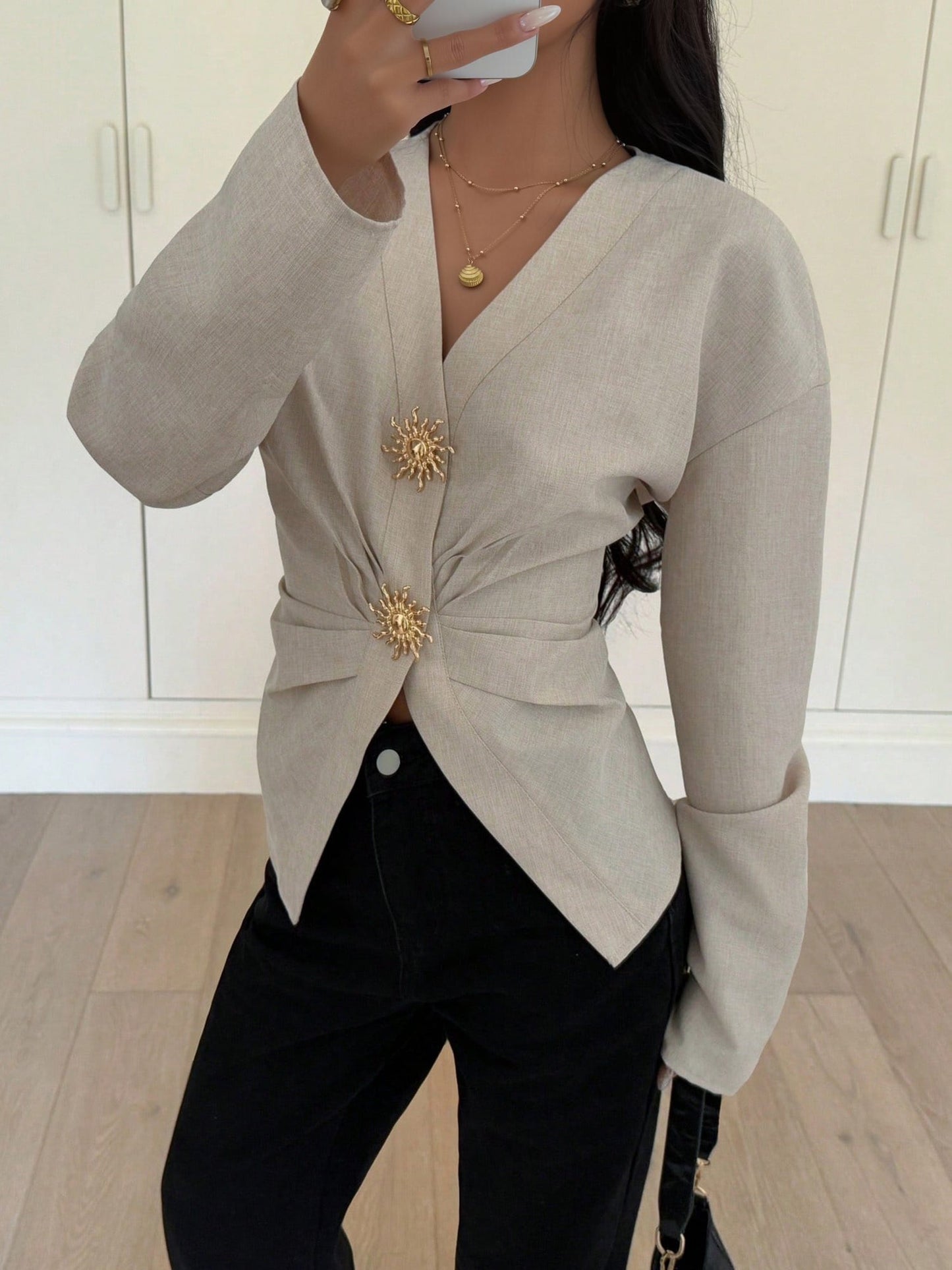 V Neck Alloy Button Ruched Lace-Up Blouse