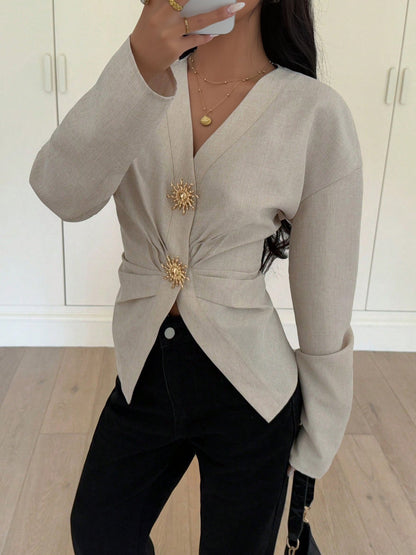 V Neck Alloy Button Ruched Lace-Up Blouse