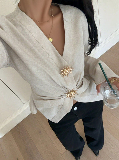 V Neck Alloy Button Ruched Lace-Up Blouse