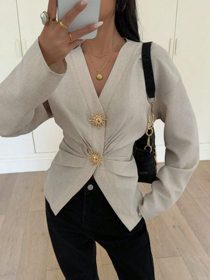 V Neck Alloy Button Ruched Lace-Up Blouse