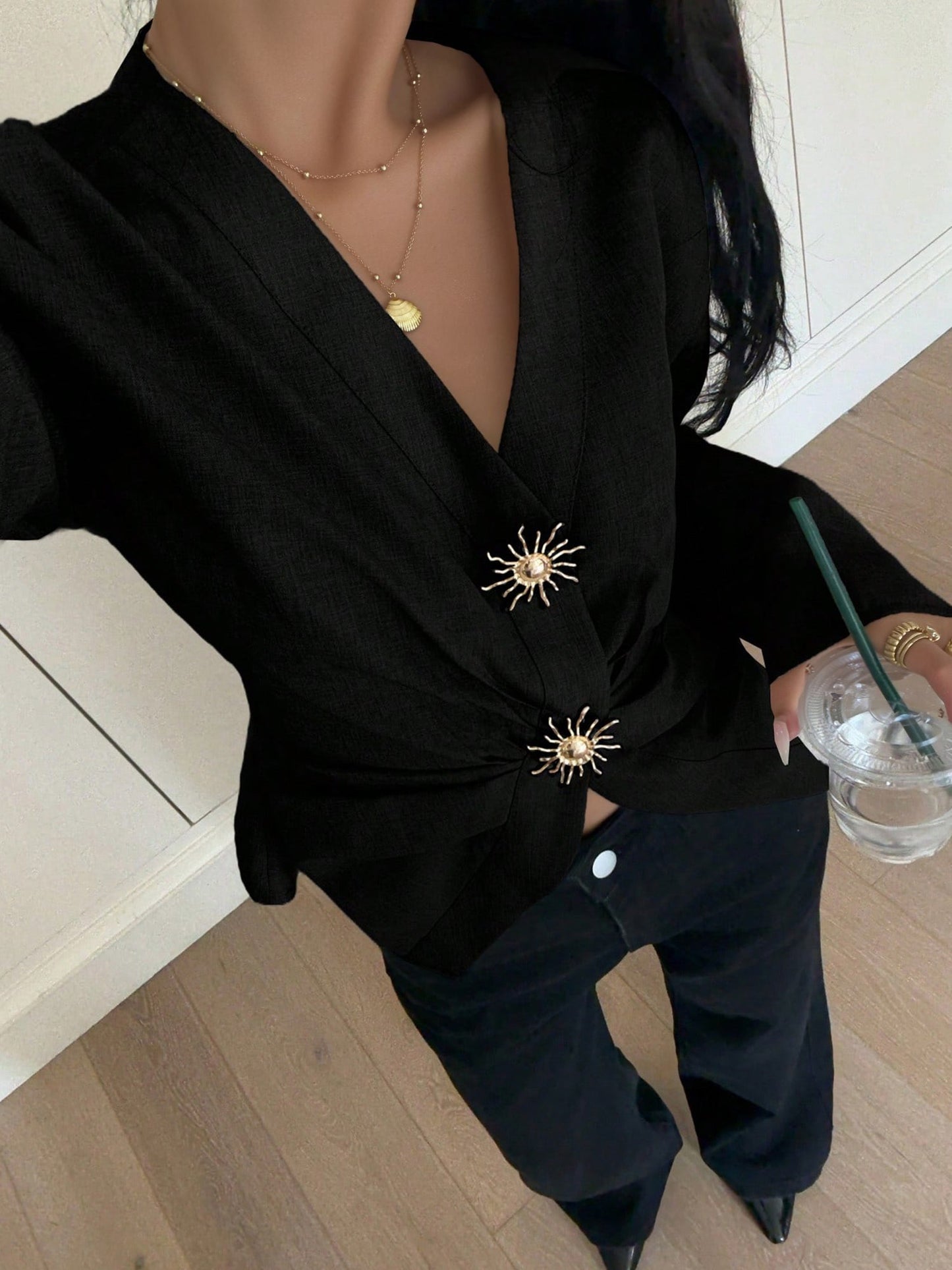 V Neck Alloy Button Ruched Lace-Up Blouse