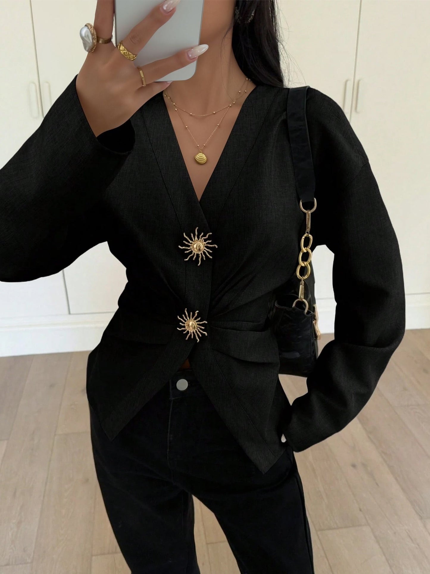 V Neck Alloy Button Ruched Lace-Up Blouse