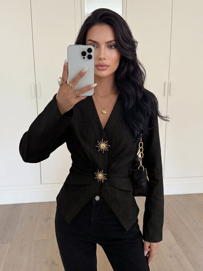 V Neck Alloy Button Ruched Lace-Up Blouse