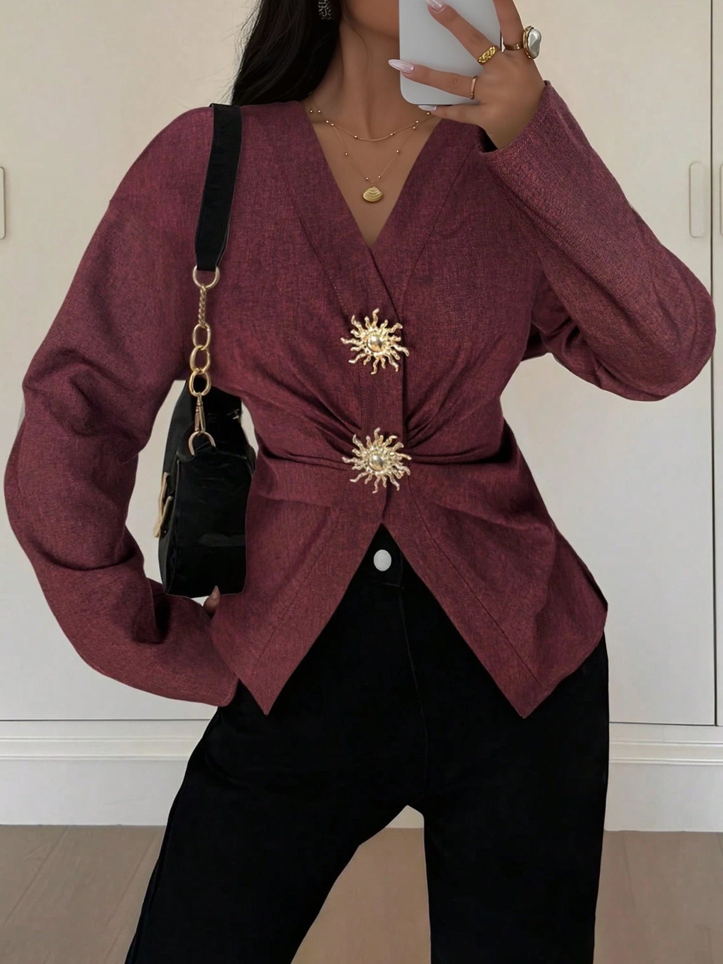 V Neck Alloy Button Ruched Lace-Up Blouse