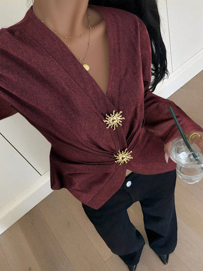 V Neck Alloy Button Ruched Lace-Up Blouse