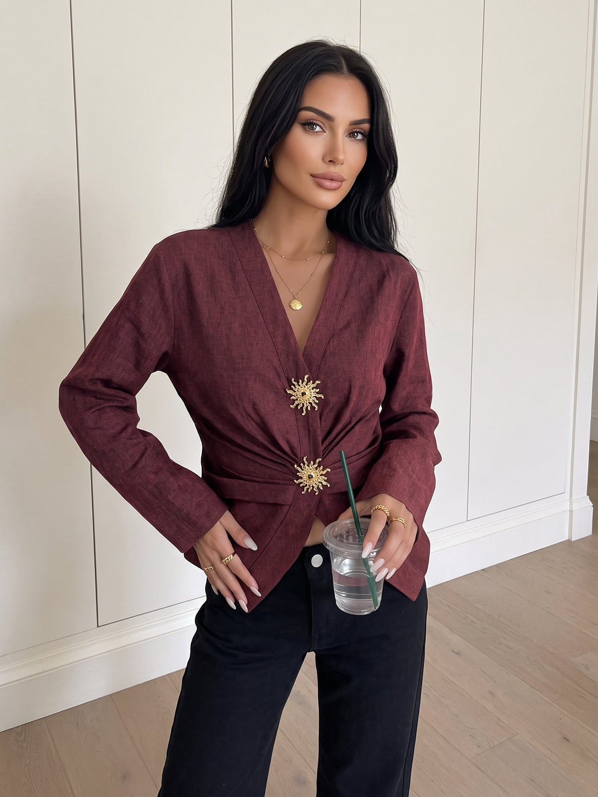 V Neck Alloy Button Ruched Lace-Up Blouse