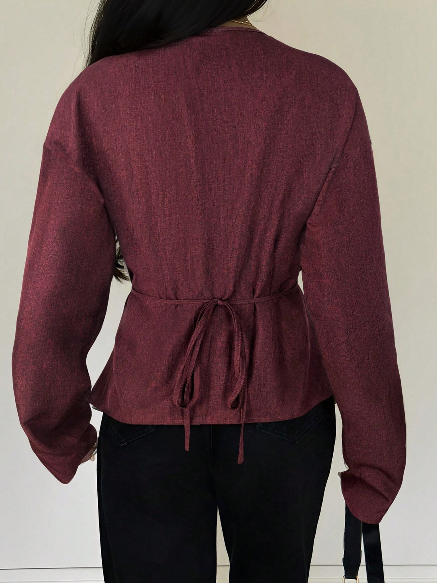 V Neck Alloy Button Ruched Lace-Up Blouse
