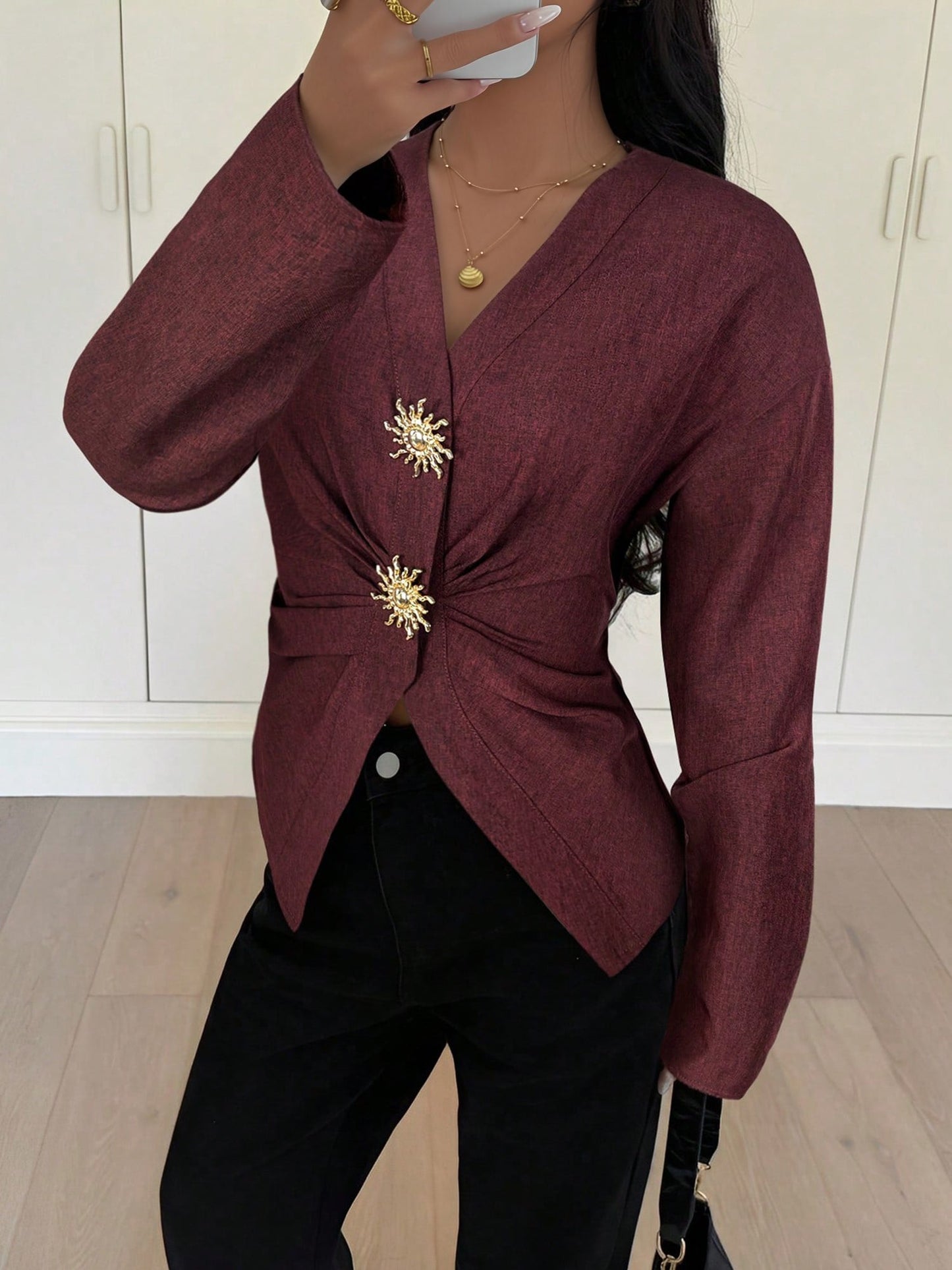 V Neck Alloy Button Ruched Lace-Up Blouse