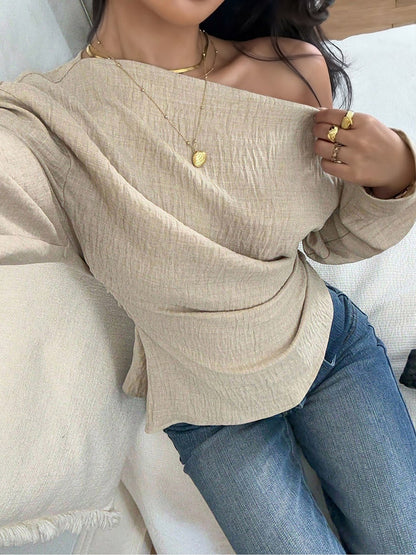 One Shoulder Long Sleeves Ruched Textured Blouse