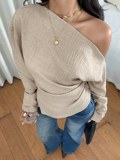 One Shoulder Long Sleeves Ruched Textured Blouse