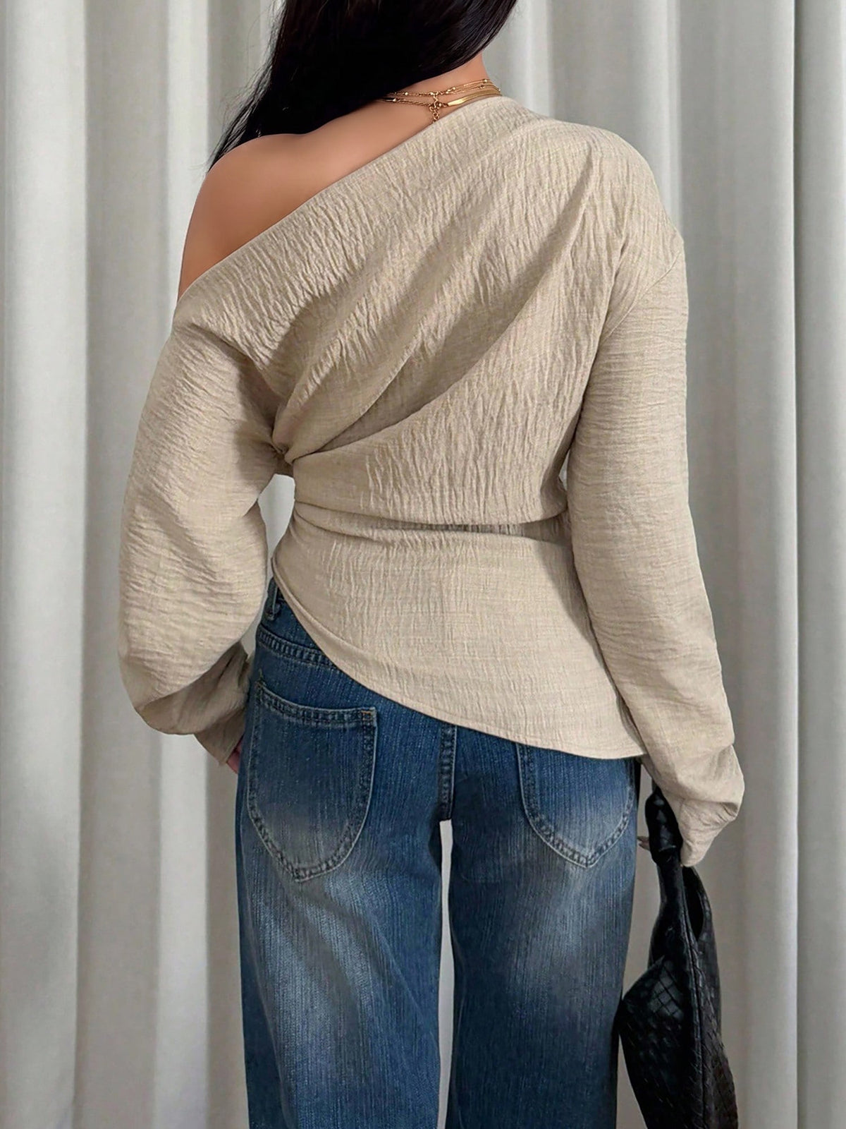 One Shoulder Long Sleeves Ruched Textured Blouse
