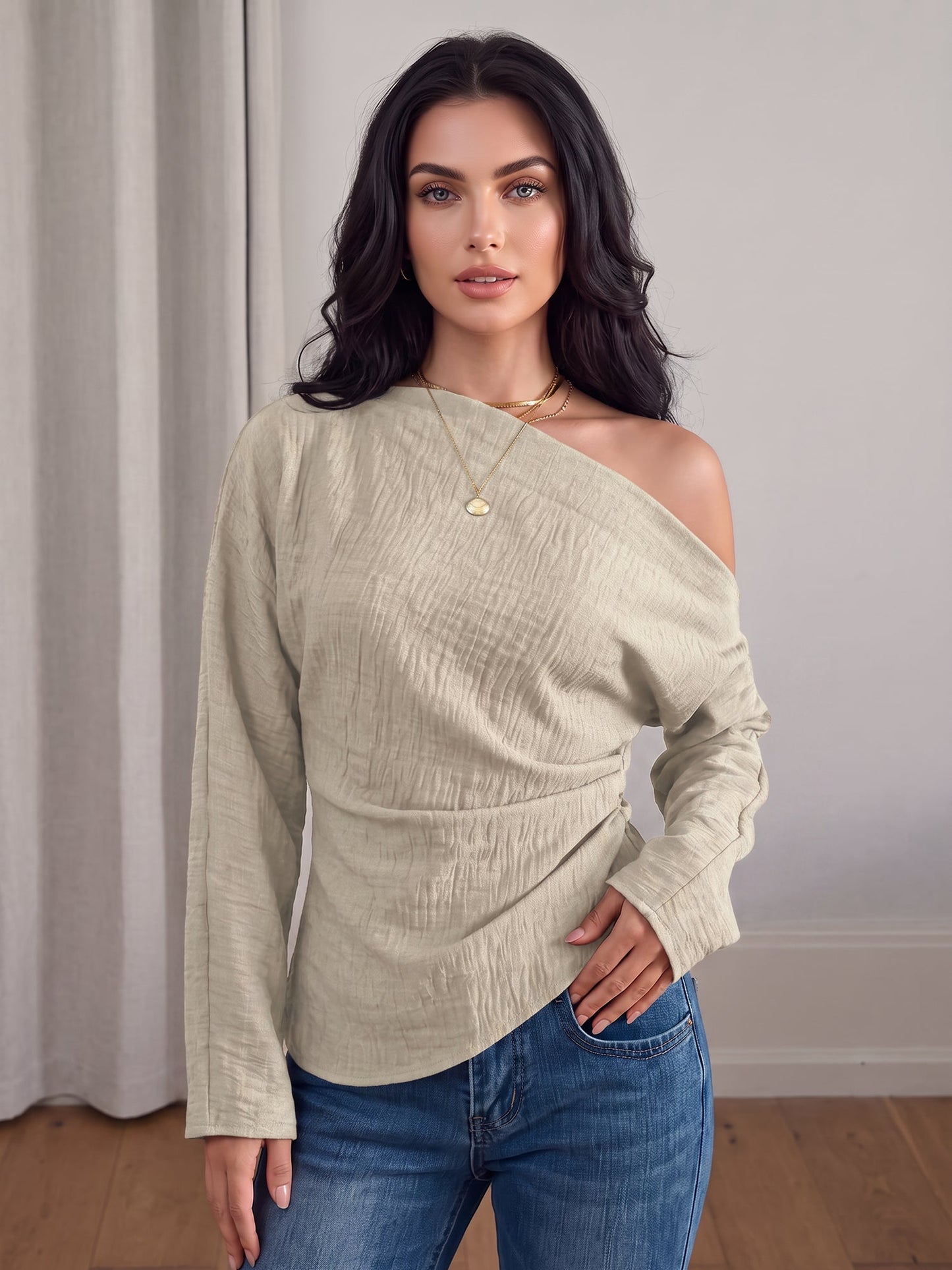 One Shoulder Long Sleeves Ruched Textured Blouse