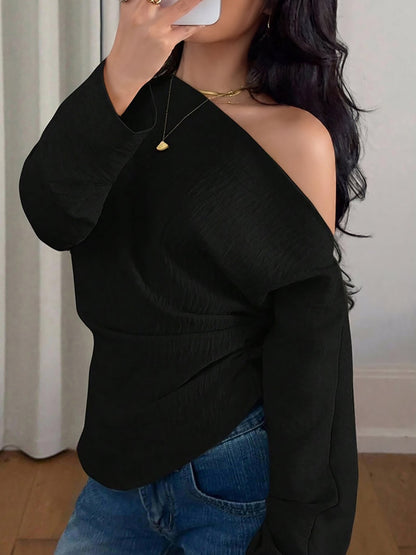 One Shoulder Long Sleeves Ruched Textured Blouse