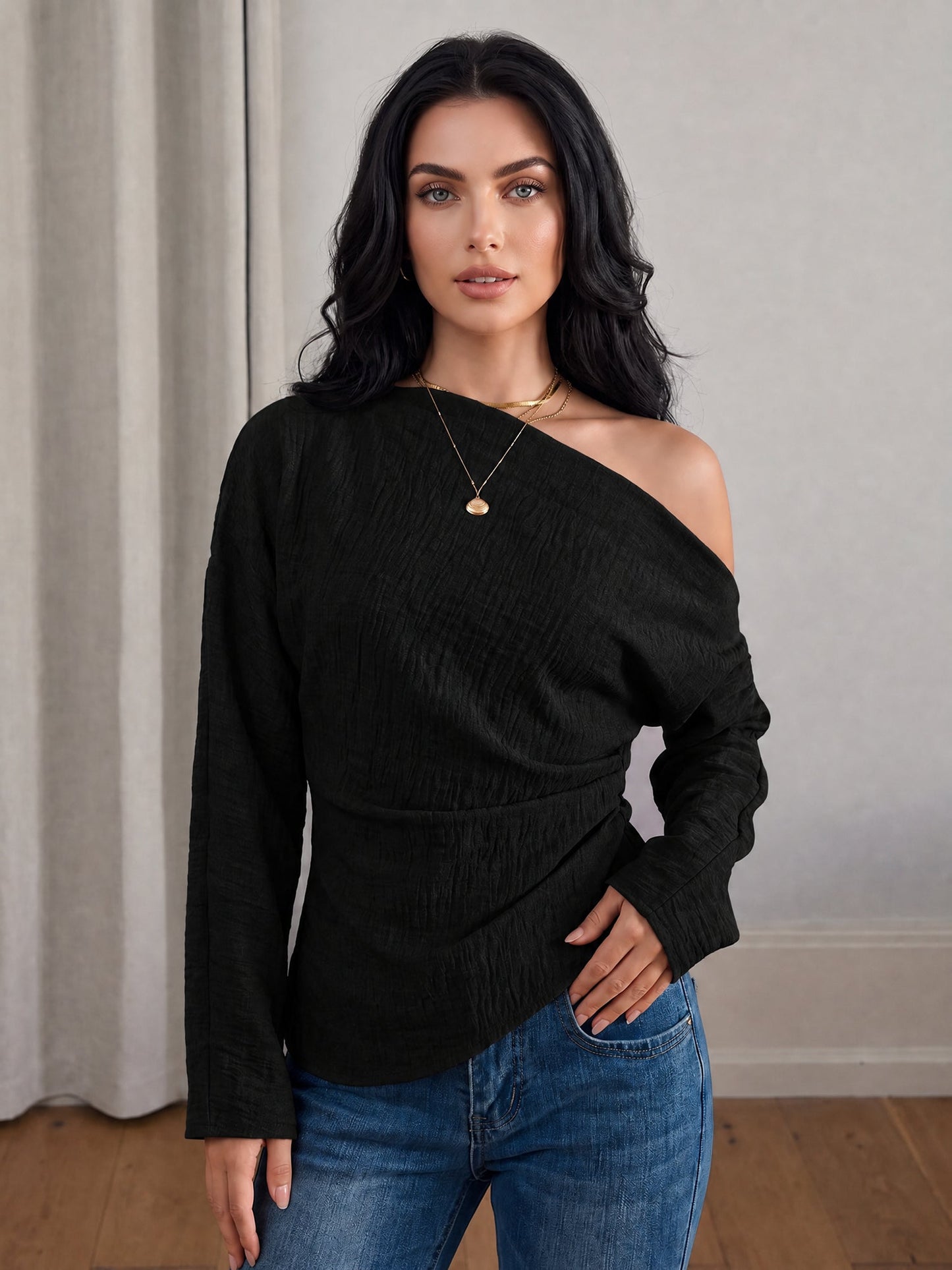 One Shoulder Long Sleeves Ruched Textured Blouse