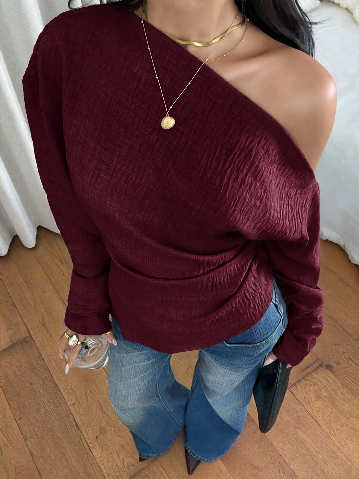 One Shoulder Long Sleeves Ruched Textured Blouse