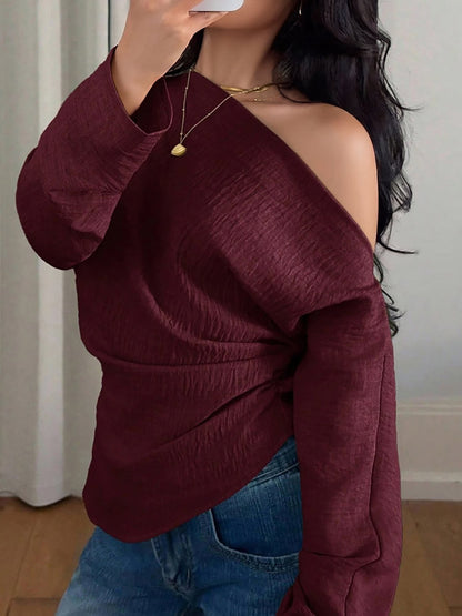 One Shoulder Long Sleeves Ruched Textured Blouse
