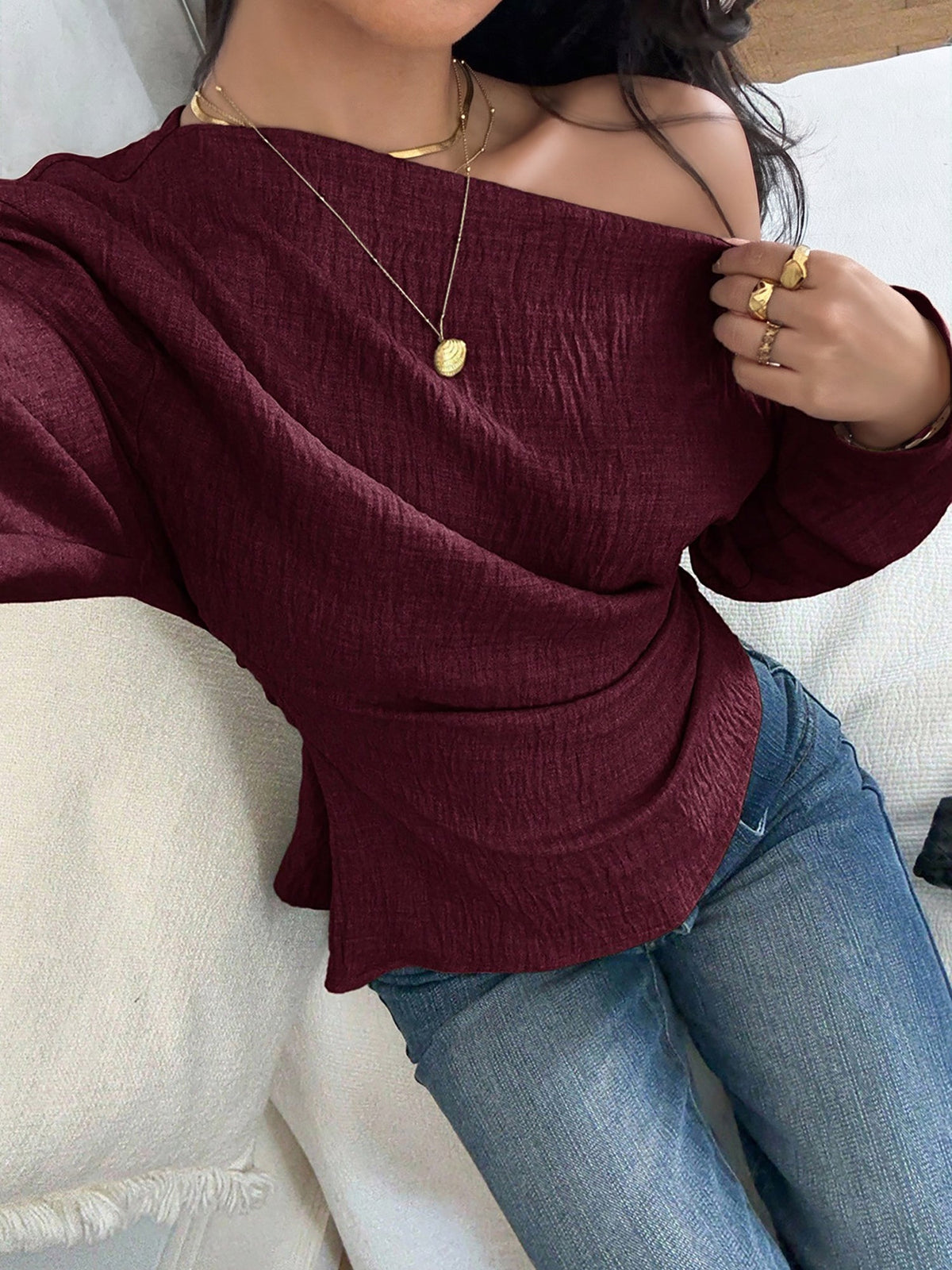 One Shoulder Long Sleeves Ruched Textured Blouse
