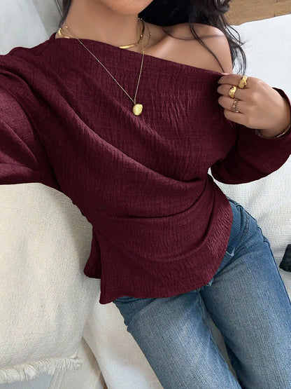 One Shoulder Long Sleeves Ruched Textured Blouse