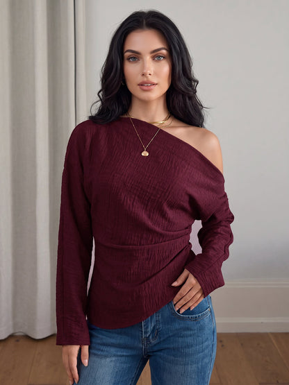 One Shoulder Long Sleeves Ruched Textured Blouse