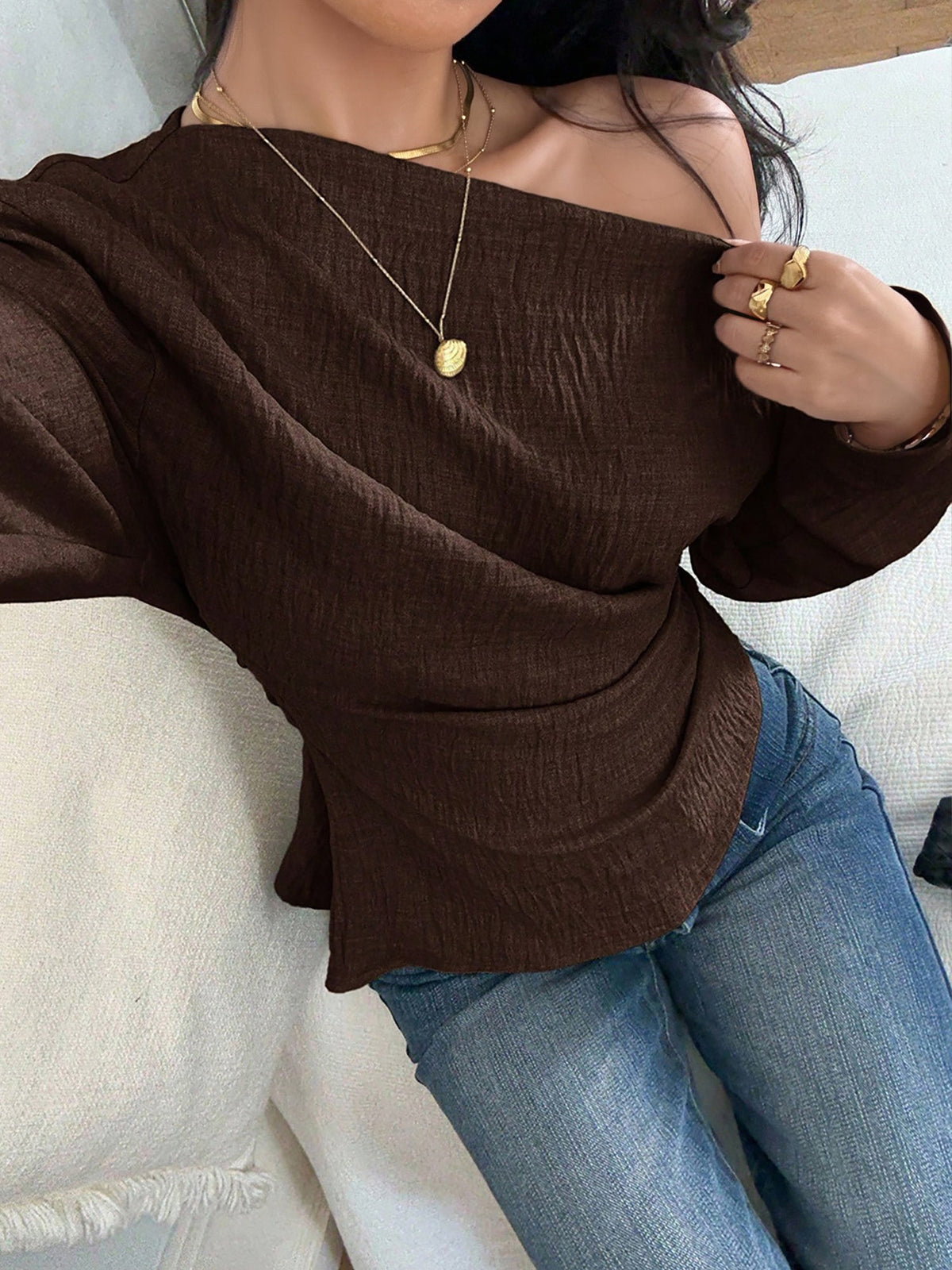 One Shoulder Long Sleeves Ruched Textured Blouse