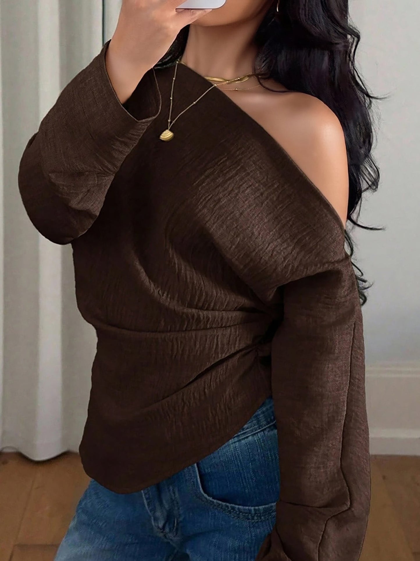 One Shoulder Long Sleeves Ruched Textured Blouse