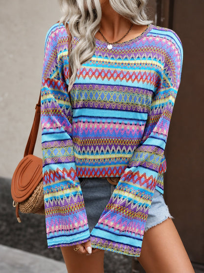 Boho Colorblock Striped Bell Sleeves Knit Top