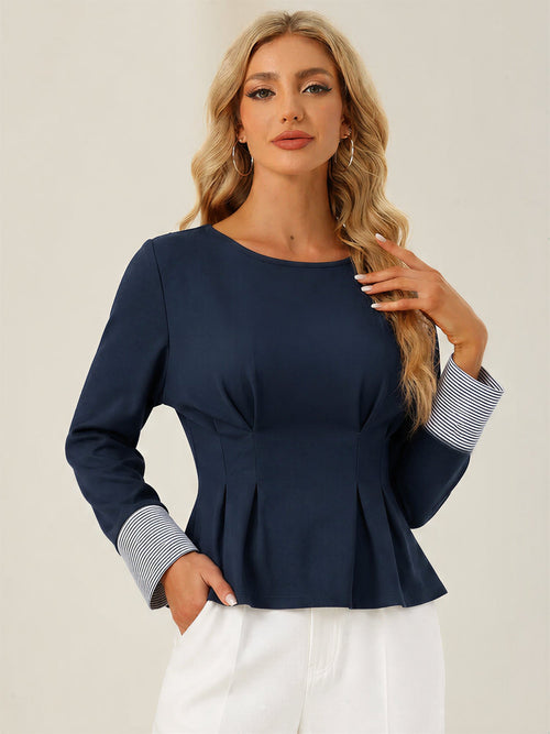 Striped Cuffed Long Sleeve Pleated Blouse