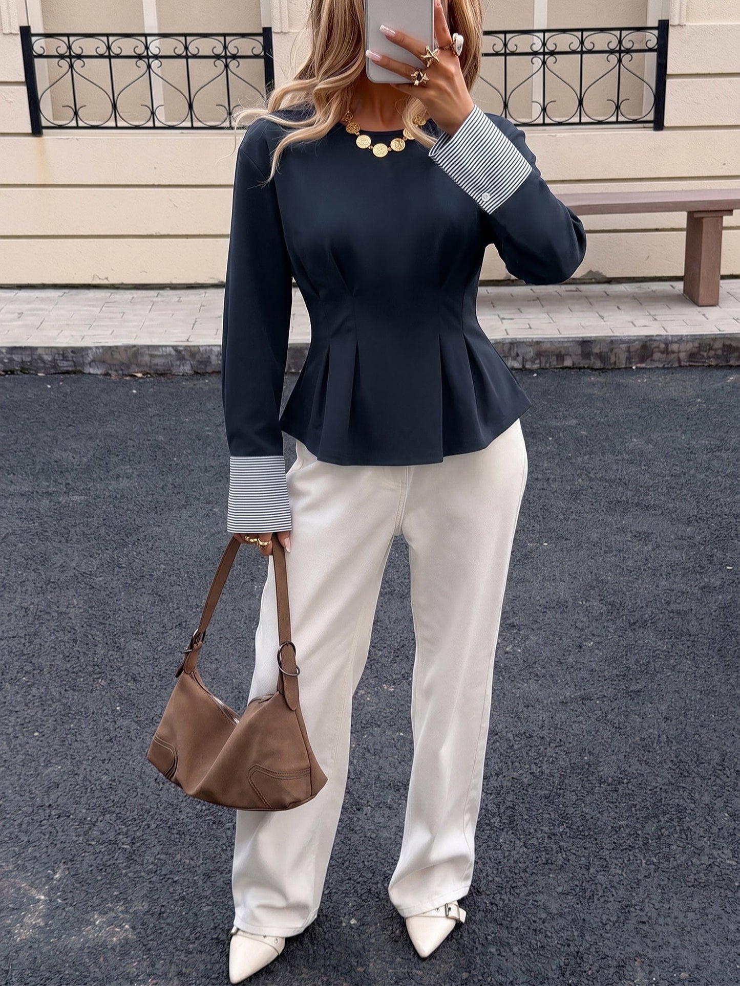 Striped Cuffed Long Sleeve Pleated Blouse