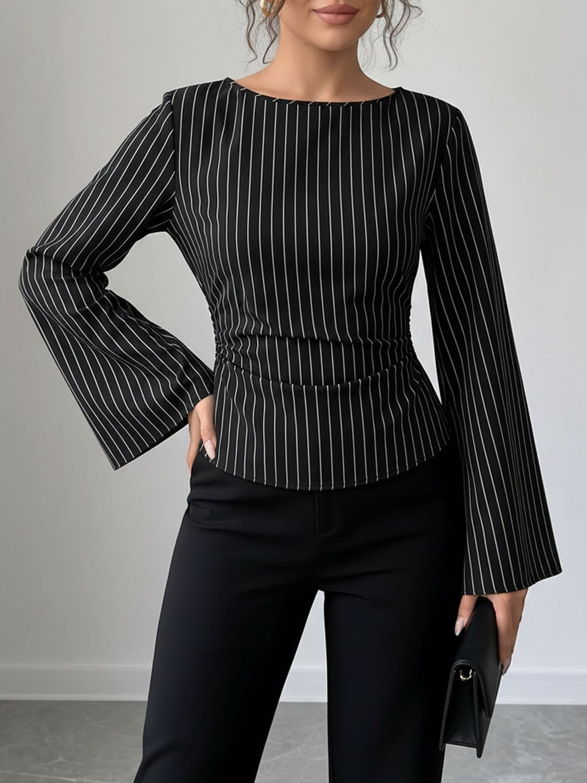 Boat Neck Bell Sleeves Striped Lace-Up Blouse