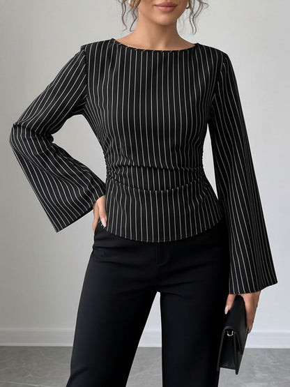 Boat Neck Bell Sleeves Striped Lace-Up Blouse
