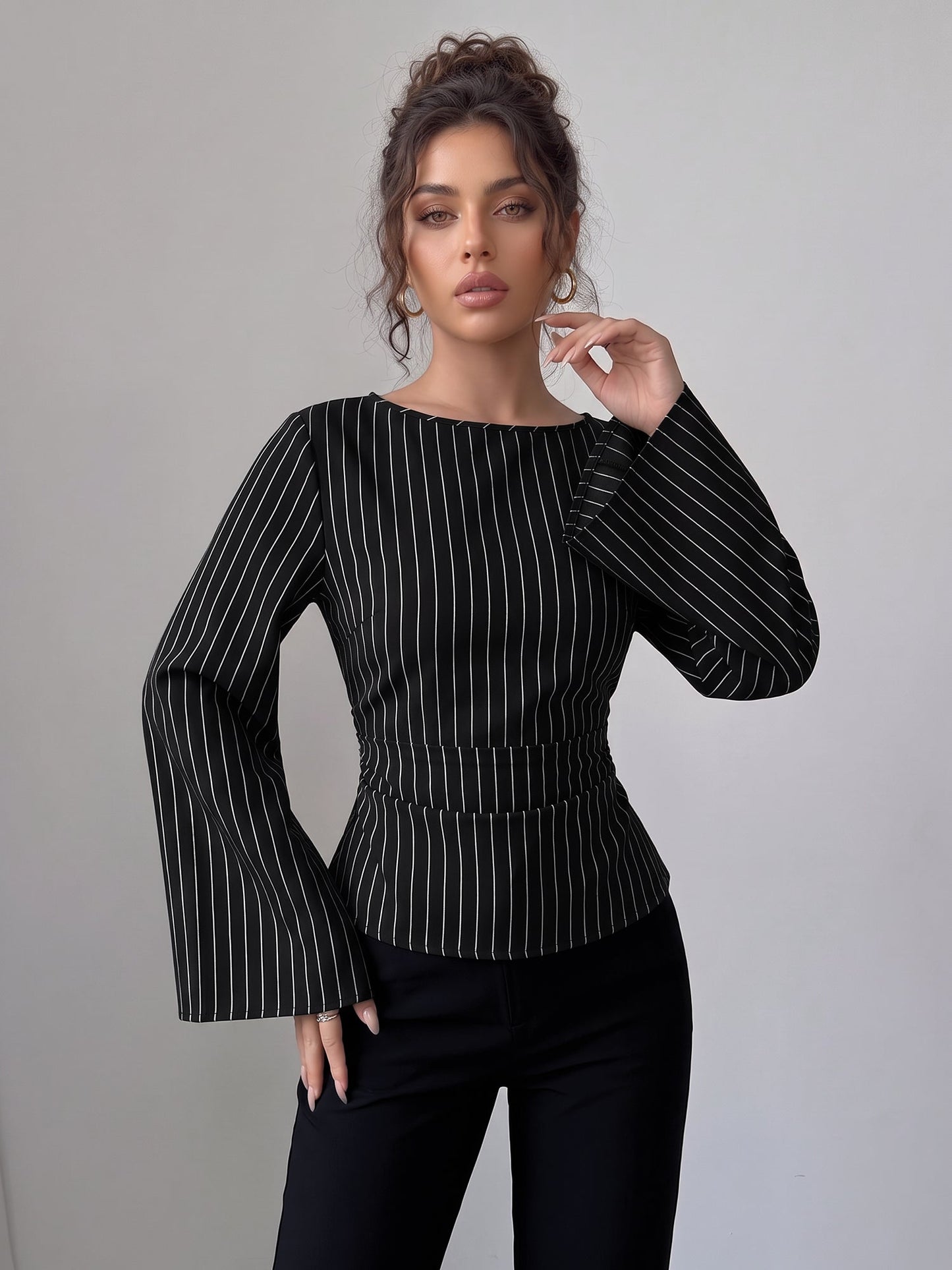 Boat Neck Bell Sleeves Striped Lace-Up Blouse